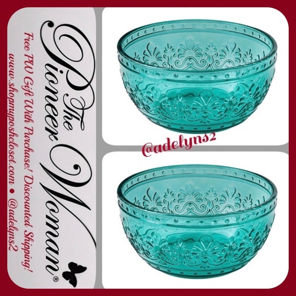 The Pioneer Woman Other - 🌺 New Pioneer Woman Cassie Teal Blue Embossed Glass Bowls, Qty 2